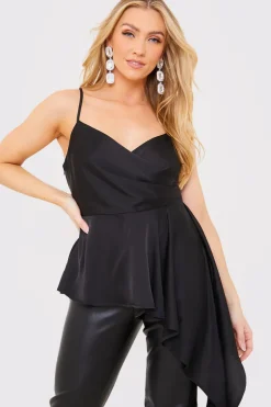 In the Style Satin Asymmetric Cami Top Black