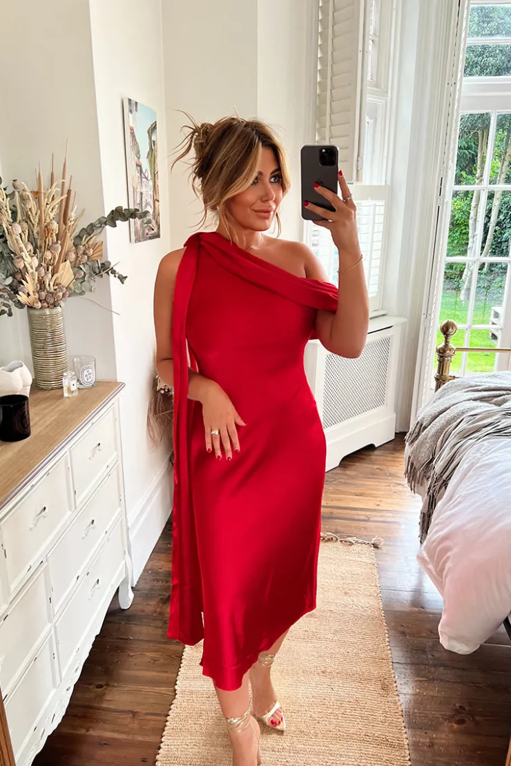 Clearance In The Style Satin Asymmetric Draped Neckline Midi Dress Red