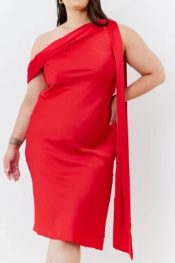 Clearance In The Style Satin Asymmetric Draped Neckline Midi Dress Red