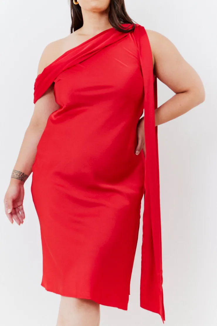 Clearance In The Style Satin Asymmetric Draped Neckline Midi Dress Red