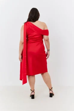 Clearance In The Style Satin Asymmetric Draped Neckline Midi Dress Red