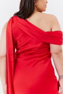 Clearance In The Style Satin Asymmetric Draped Neckline Midi Dress Red