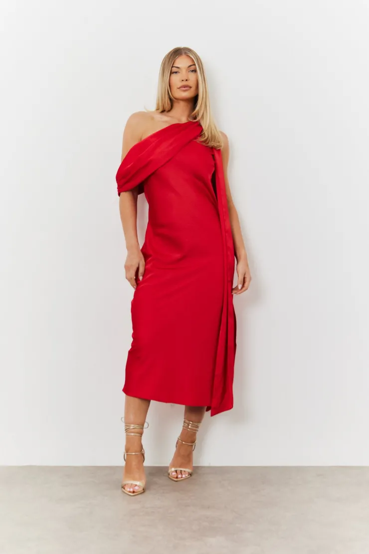 Clearance In The Style Satin Asymmetric Draped Neckline Midi Dress Red