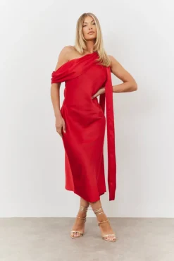 Clearance In The Style Satin Asymmetric Draped Neckline Midi Dress Red