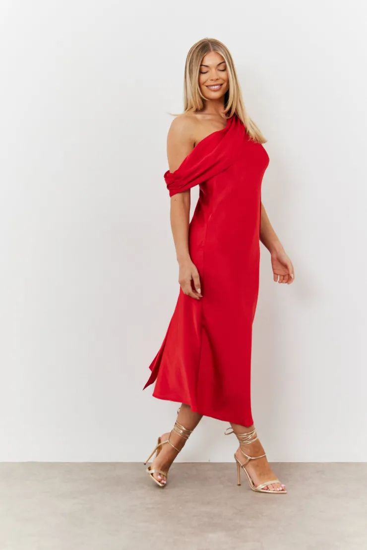 Clearance In The Style Satin Asymmetric Draped Neckline Midi Dress Red