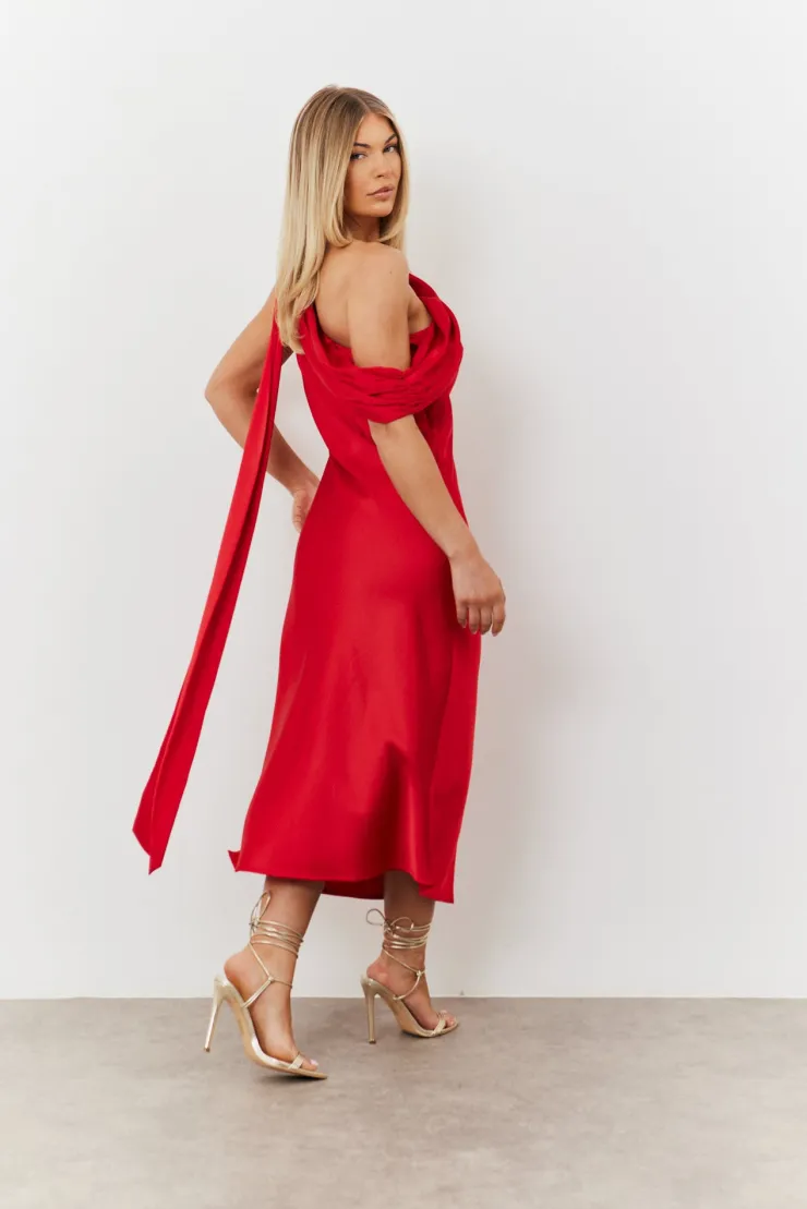 Clearance In The Style Satin Asymmetric Draped Neckline Midi Dress Red