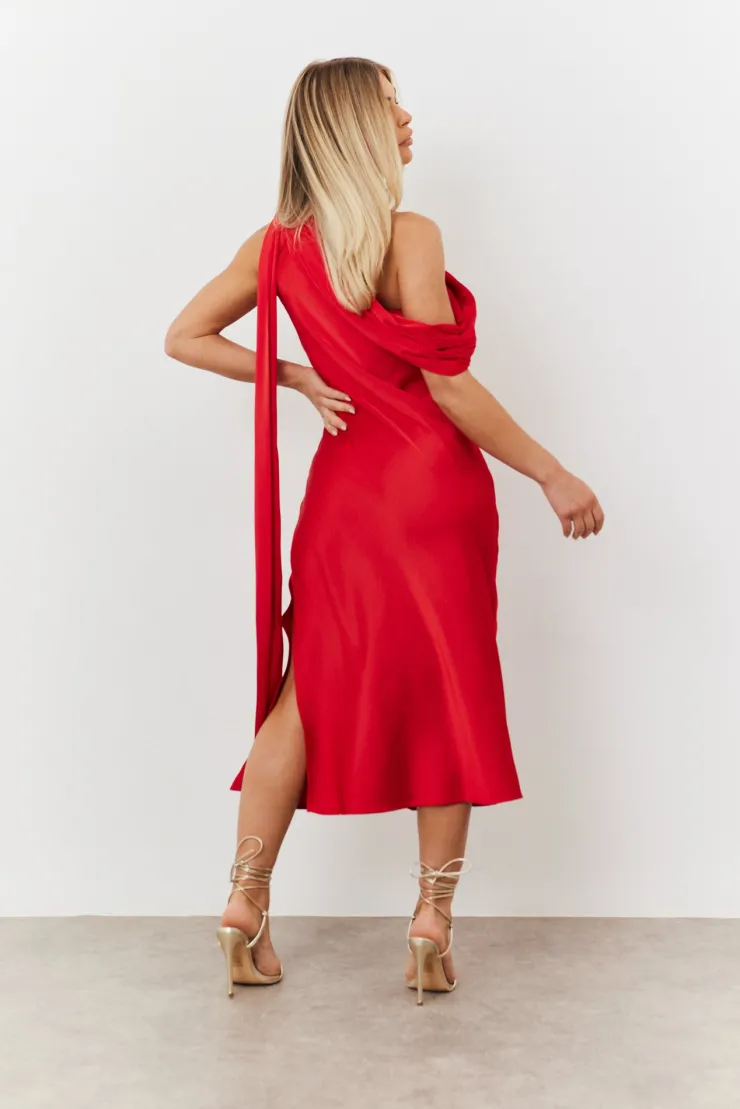 Clearance In The Style Satin Asymmetric Draped Neckline Midi Dress Red