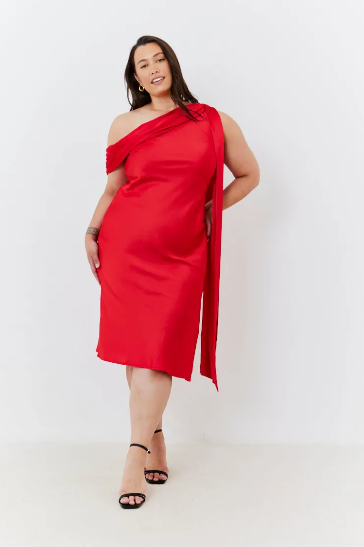 Clearance In The Style Satin Asymmetric Draped Neckline Midi Dress Red