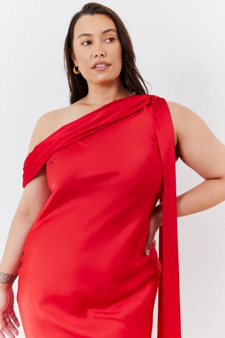 Clearance In The Style Satin Asymmetric Draped Neckline Midi Dress Red