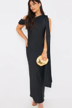 Sale In The Style Satin Asymmetric Draped Neckline Maxi Dress Black