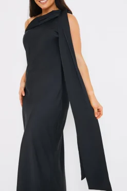 Sale In The Style Satin Asymmetric Draped Neckline Maxi Dress Black