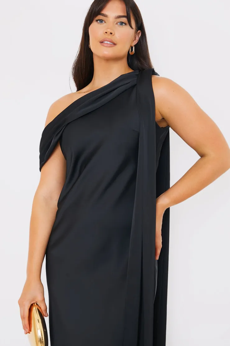 Sale In The Style Satin Asymmetric Draped Neckline Maxi Dress Black