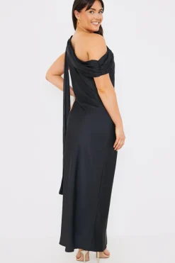 Sale In The Style Satin Asymmetric Draped Neckline Maxi Dress Black