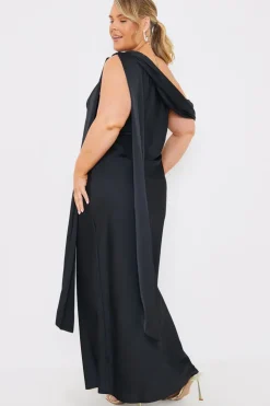 Sale In The Style Satin Asymmetric Draped Neckline Maxi Dress Black
