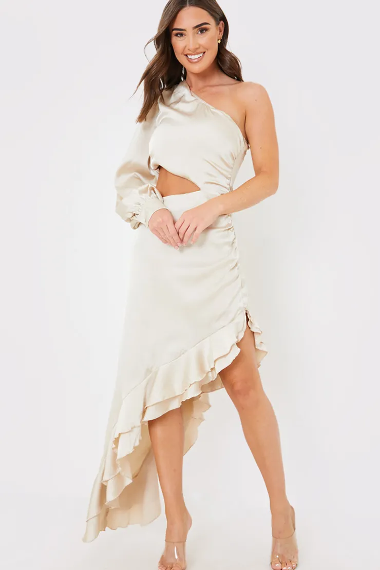 Discount In the Style Satin Asymmetric Frill Maxi Dress Stone