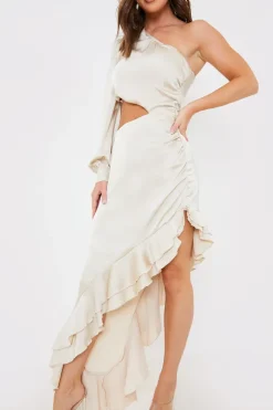 Discount In the Style Satin Asymmetric Frill Maxi Dress Stone
