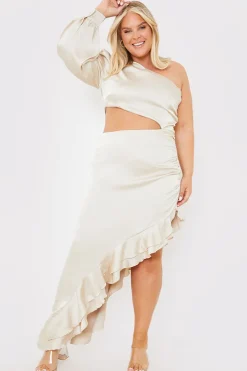 Discount In the Style Satin Asymmetric Frill Maxi Dress Stone