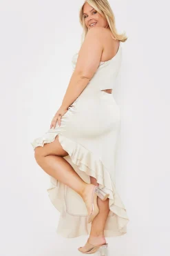Discount In the Style Satin Asymmetric Frill Maxi Dress Stone
