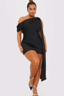 Outlet Terrie Mcevoy Satin Asymmetric Neckline Mini Dress Black