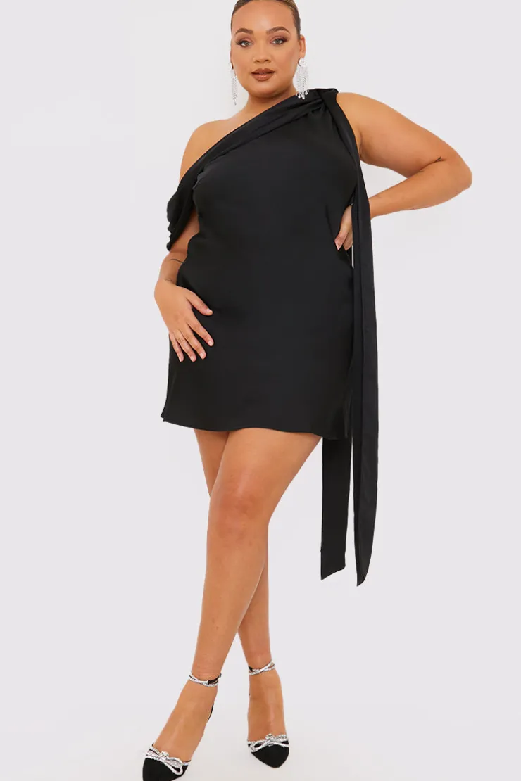 Outlet Terrie Mcevoy Satin Asymmetric Neckline Mini Dress Black