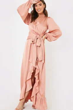 Outlet In the Style Satin Balloon Sleeve Maxi Dress Pink