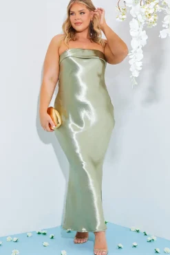 New In The Style Satin Bandeau Cowl Back Cut Out Maxi Dress Sage