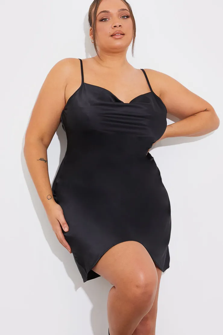 New Fits Satin Cowl Front Mini Dress Black