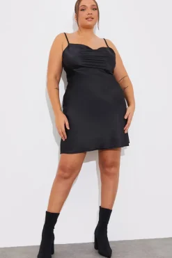 New Fits Satin Cowl Front Mini Dress Black