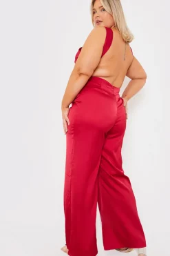 Outlet In The Style Satin Cut Out Detail Wide Leg Jumpsuit Burgundy