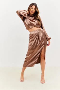 Best In the Style Satin Drape Co-Ord Midi Skirt Chocolate
