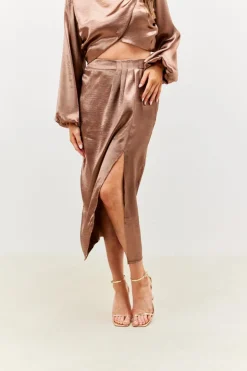 Best In the Style Satin Drape Co-Ord Midi Skirt Chocolate