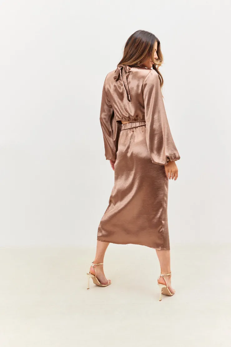 Best In the Style Satin Drape Co-Ord Midi Skirt Chocolate