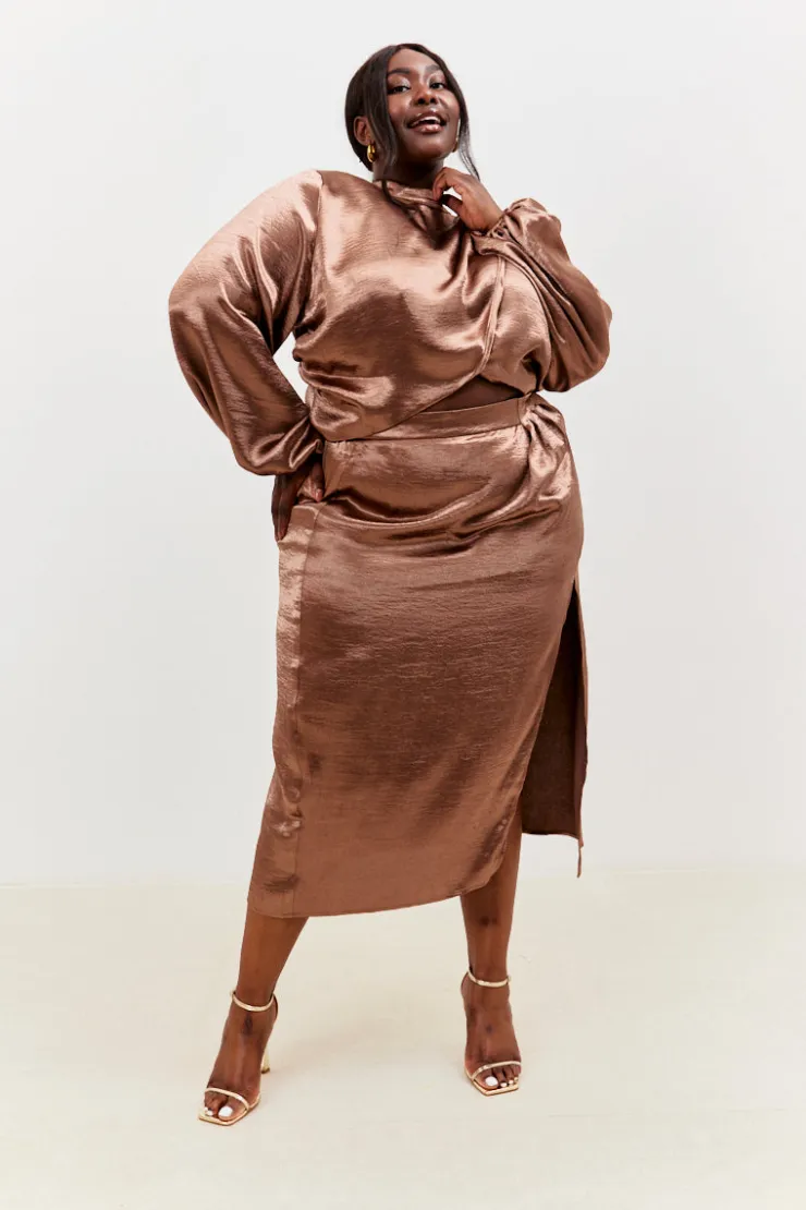 Best In the Style Satin Drape Co-Ord Midi Skirt Chocolate