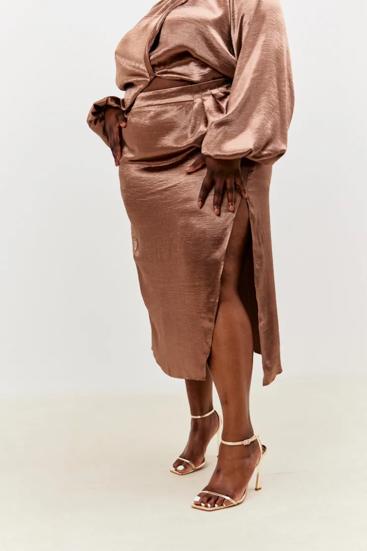 Best In the Style Satin Drape Co-Ord Midi Skirt Chocolate