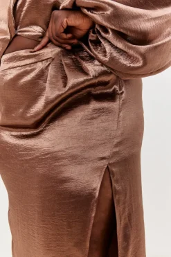 Best In the Style Satin Drape Co-Ord Midi Skirt Chocolate