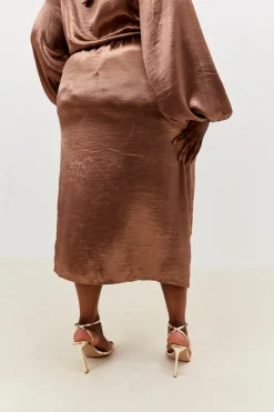 Best In the Style Satin Drape Co-Ord Midi Skirt Chocolate