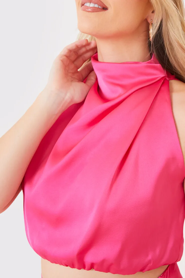 In the Style Satin Draped High Neck Co Ord Top