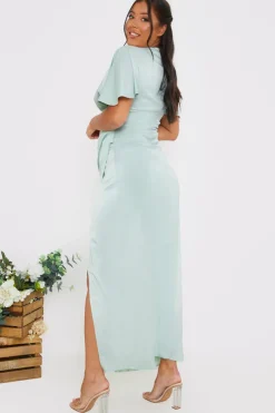 Sale In The Style Satin Flutter Sleeve Ruched Detail Maxi Dress