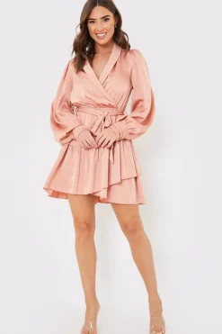 Sale In the Style Satin Frill Hem Mini Dress Pink