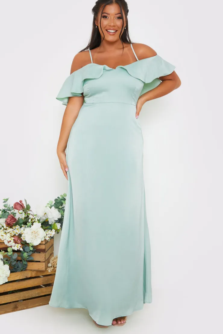 In The Style Satin Frill Off The Shoulder Maxi Dress
