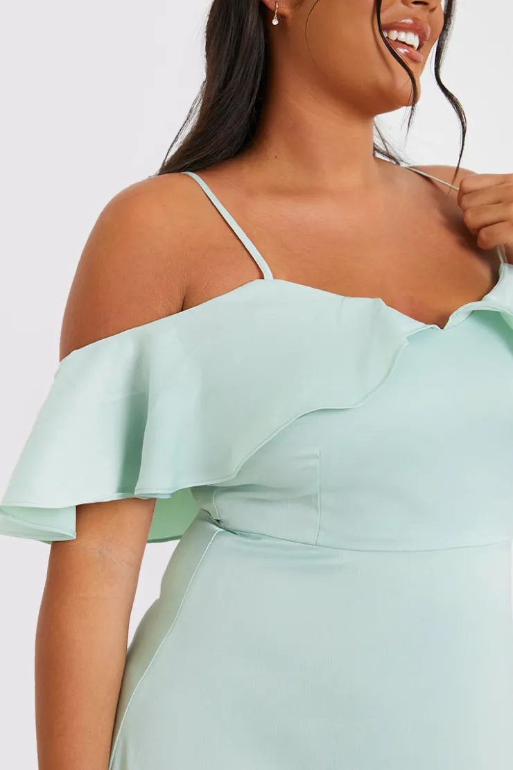 In The Style Satin Frill Off The Shoulder Maxi Dress