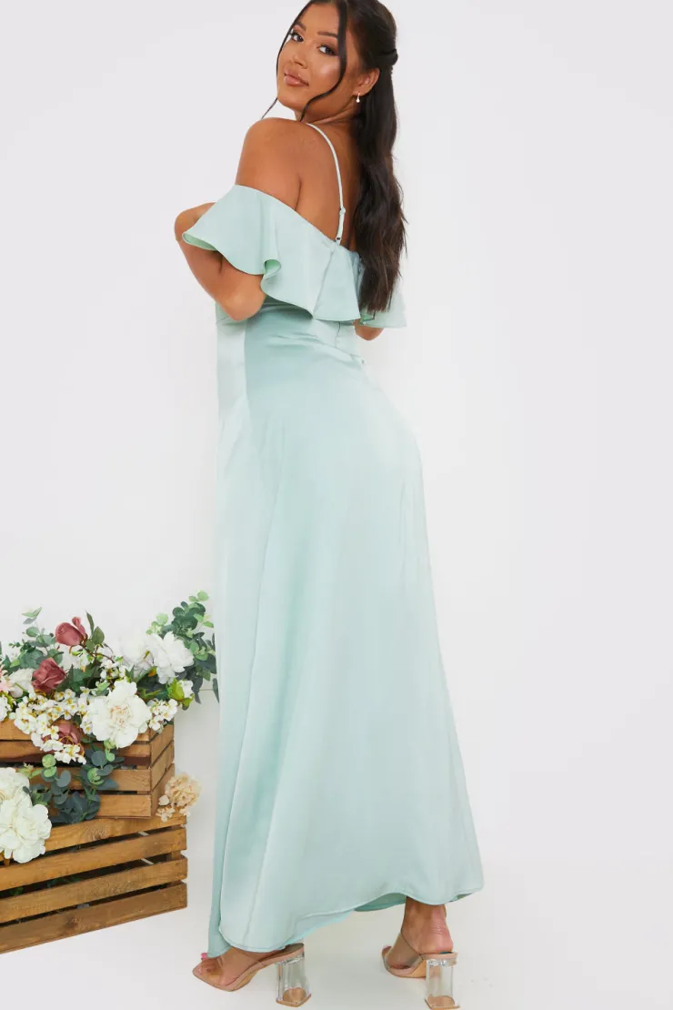 In The Style Satin Frill Off The Shoulder Maxi Dress