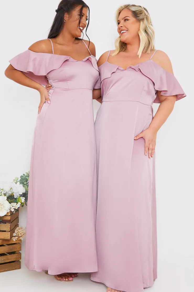 In The Style Satin Frill Off The Shoulder Maxi Dress