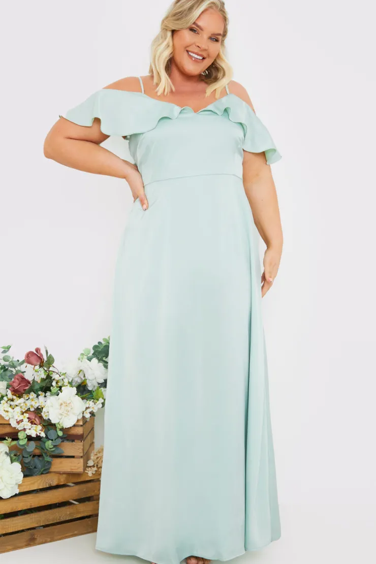 In The Style Satin Frill Off The Shoulder Maxi Dress