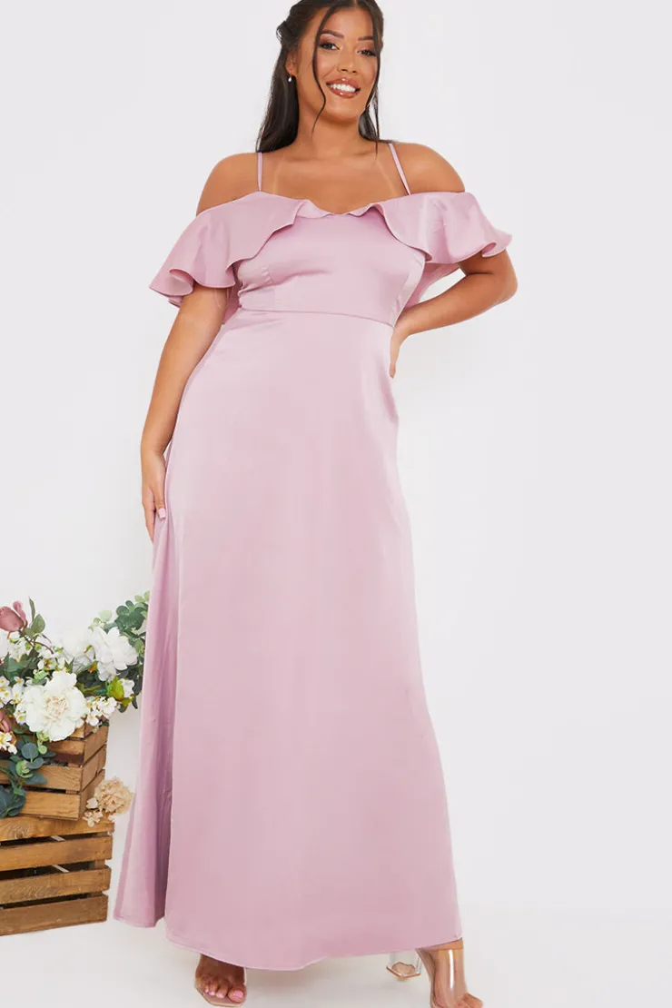 In The Style Satin Frill Off The Shoulder Maxi Dress
