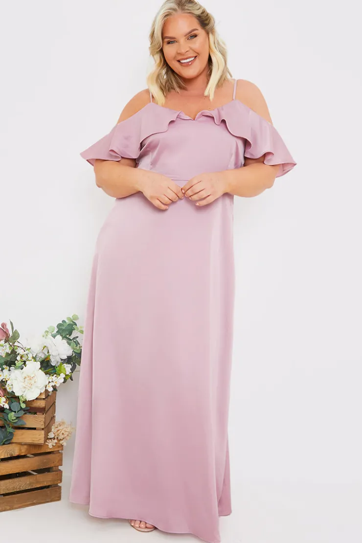 In The Style Satin Frill Off The Shoulder Maxi Dress