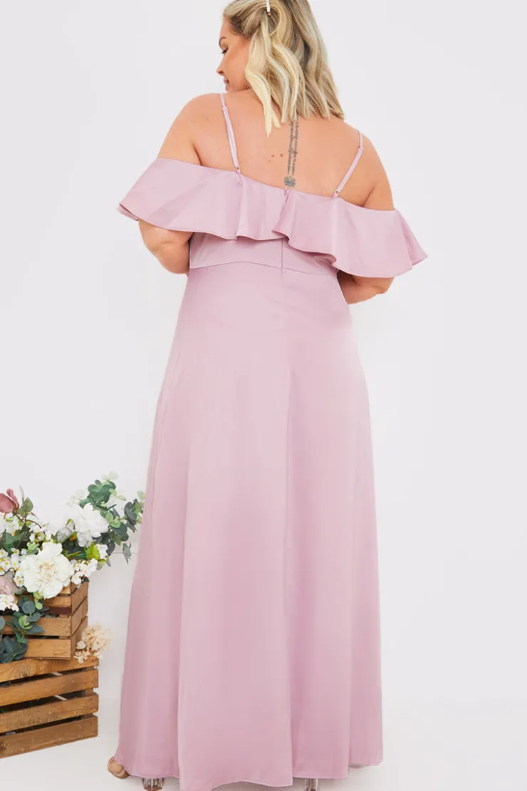 In The Style Satin Frill Off The Shoulder Maxi Dress