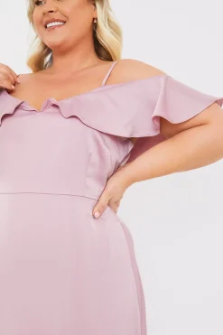 In The Style Satin Frill Off The Shoulder Maxi Dress