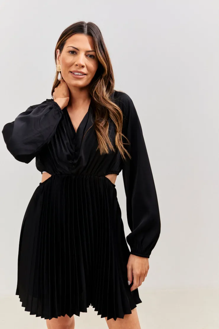 New In the Style Satin Pleated Cut Out Detail Mini Dress Black