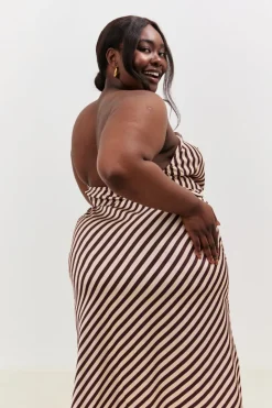 Outlet In the Style Satin Stripe Bandeau Maxi Dress Brown